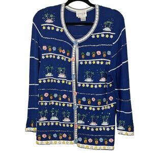 Just B Women’s Blue Cardigan Embroidery Island Pineapple Beads Sequin Colorful S
